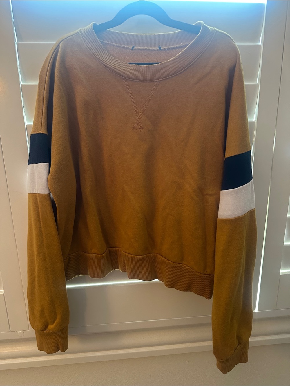 Men's Crewneck Sweatshirt - Mustard with Black & White Sleeve Stripes